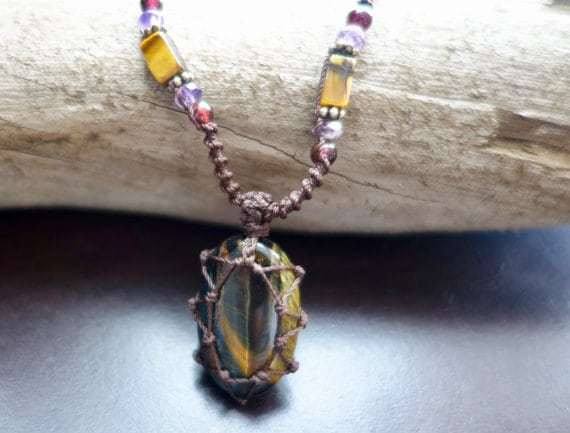 Tiger Eye Macrame Necklace | Stone for Protection | Unisex Healing Crystal | Micro Macrame - Manifestie