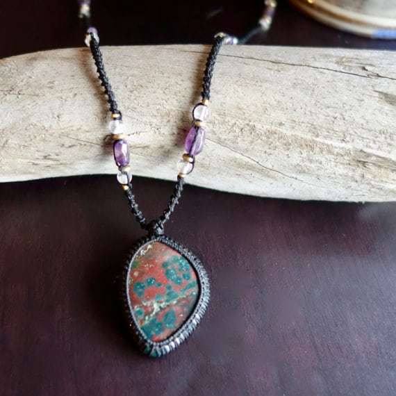 Long Fancy Jasper Macrame Necklace | Stone of Relaxation | Unisex, Healing Crystal Jewelry - Manifestie