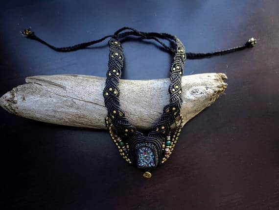 Rainbow Titanium Druzy Macrame Necklace | Ziba Design | Stone of Courage | Micro-Macrame