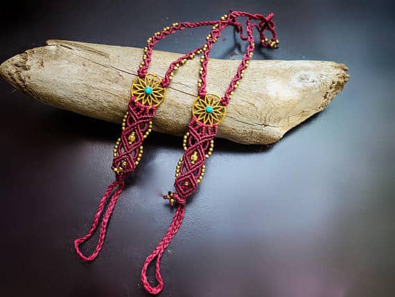 Flower Burst Macrame Barefoot Sandals | Pair, Pink with Turquoise | Micro Macrame, Stone | Finger Bracelet