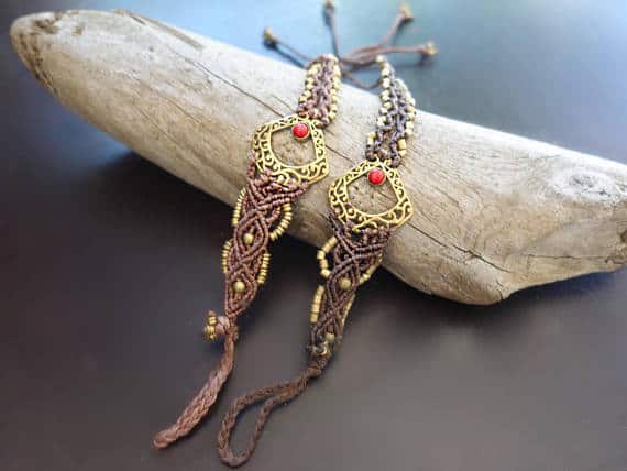 Third Eye Macrame Barefoot Sandals | Pair, Brown with Synthetic Red Coral | Micro Macrame, Stone | Finger Bracelet