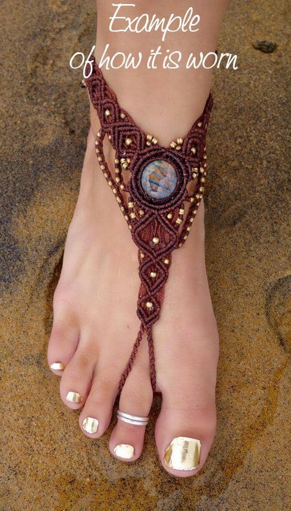 Third Eye Macrame Barefoot Sandals | Pair, Brown with Synthetic Red Coral | Micro Macrame, Stone | Finger Bracelet