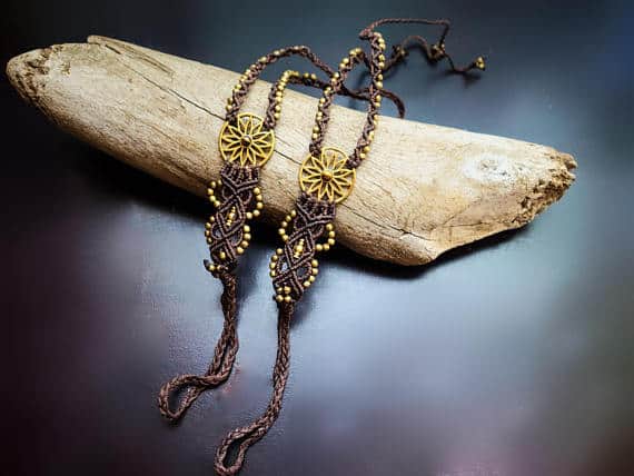 Flower Burst Macrame Barefoot Sandals | Pair, Brown with Tiger Eye | Micro Macrame, Stone | Finger Bracelet