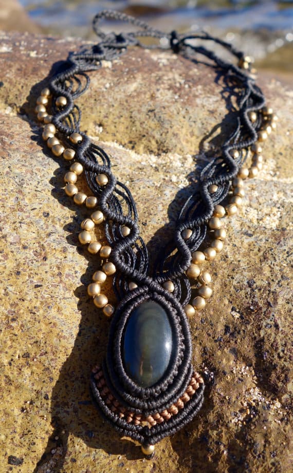 Golden Obsidian Macrame Necklace | Temple Design