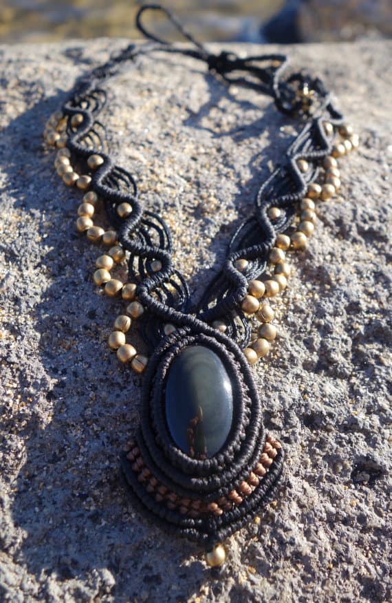 Golden Obsidian Macrame Necklace | Temple Design