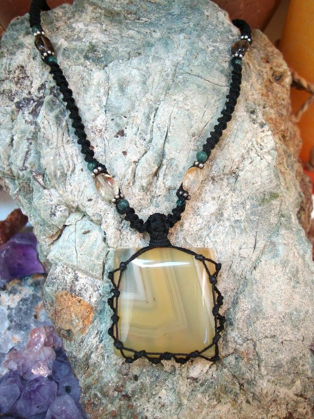 organic CHALCEDONY macrame Necklace – Your Stone for HARMONY – metaphysical healing crystal - Manifestie