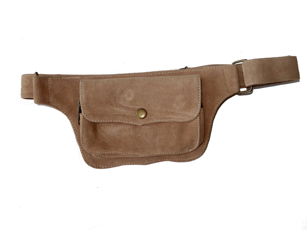 Unisex Leather Festival Belt | Beige Suede, 2 Pocket | utility, travel, cosplay, festival