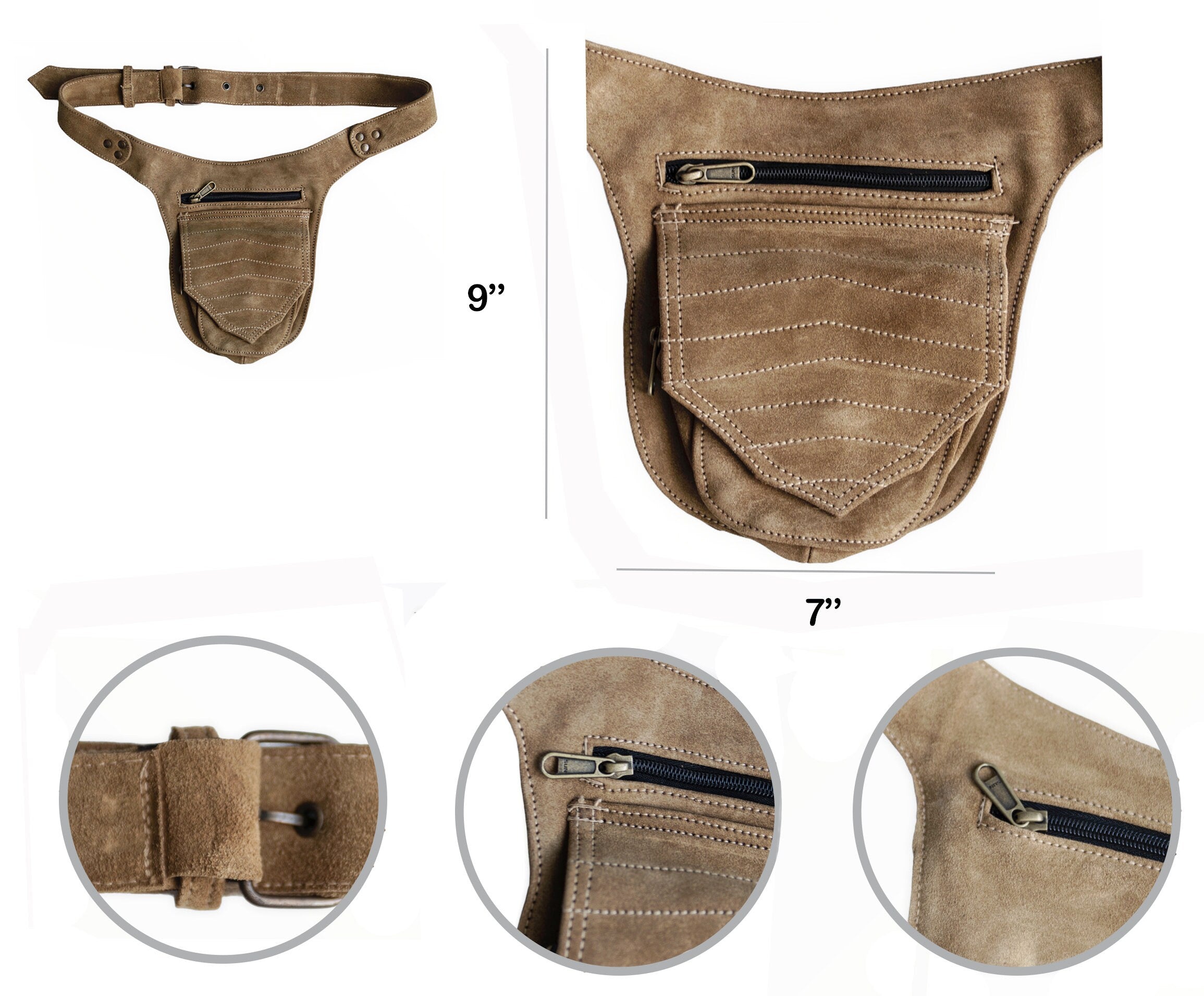 Unisex Leather Festival Pocket Belt | Beige Suede | travel belt, fanny pack, vendor belt, sport belt, burning man, playa, dog walker bag