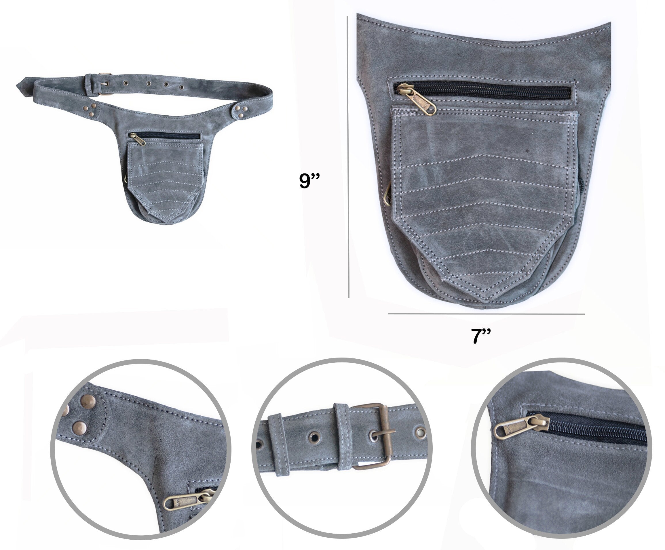 Unisex Leather Festival Pocket Belt | Grey Suede | travel belt, fanny pack, vendor belt, burning man, fair, playa wear, dog walker bag