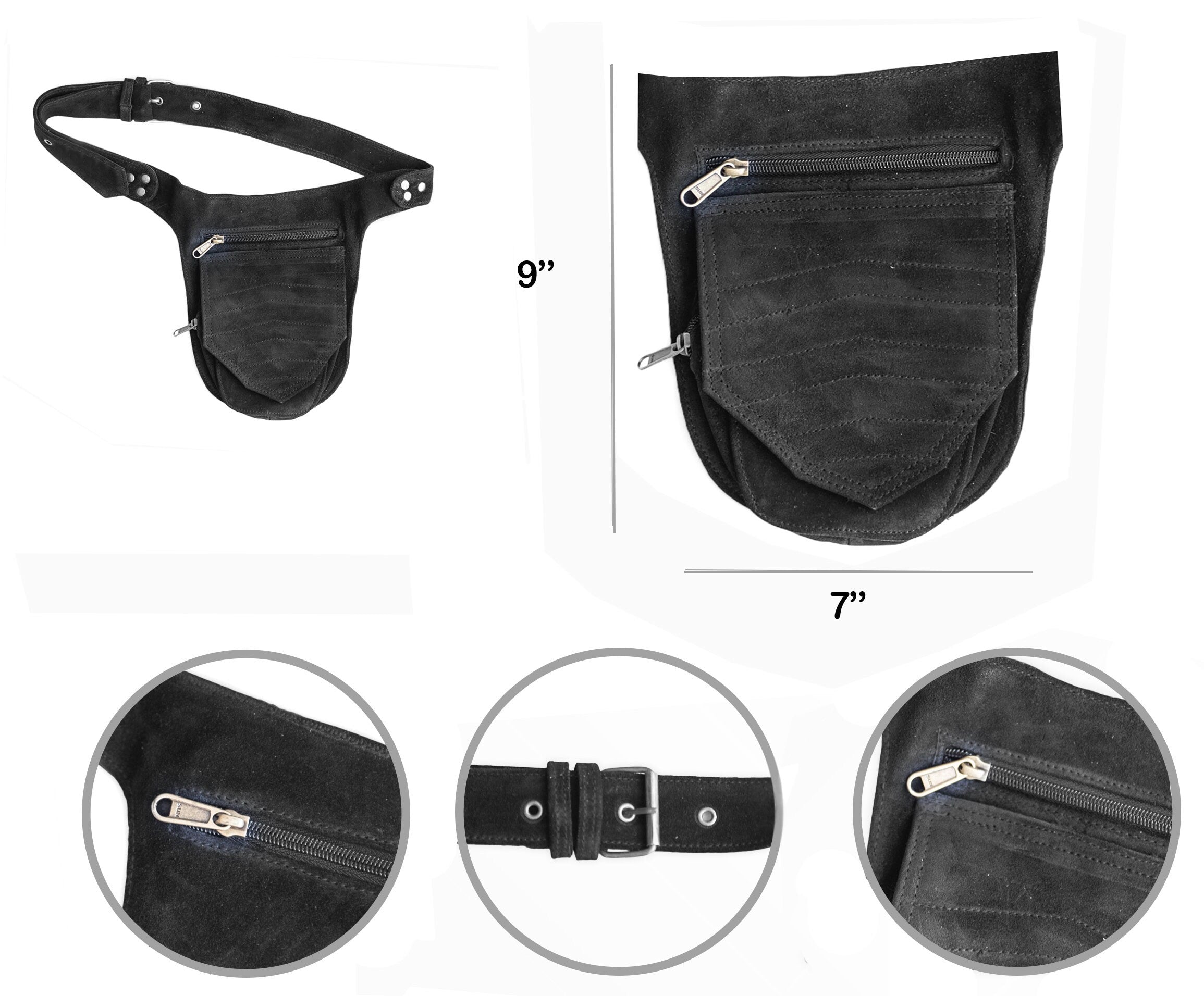 Unisex Leather Festival Pocket Belt | Black Suede | travel belt, fanny pack, vendor belt, sport bag, burning man, playa wear, dog walker bag