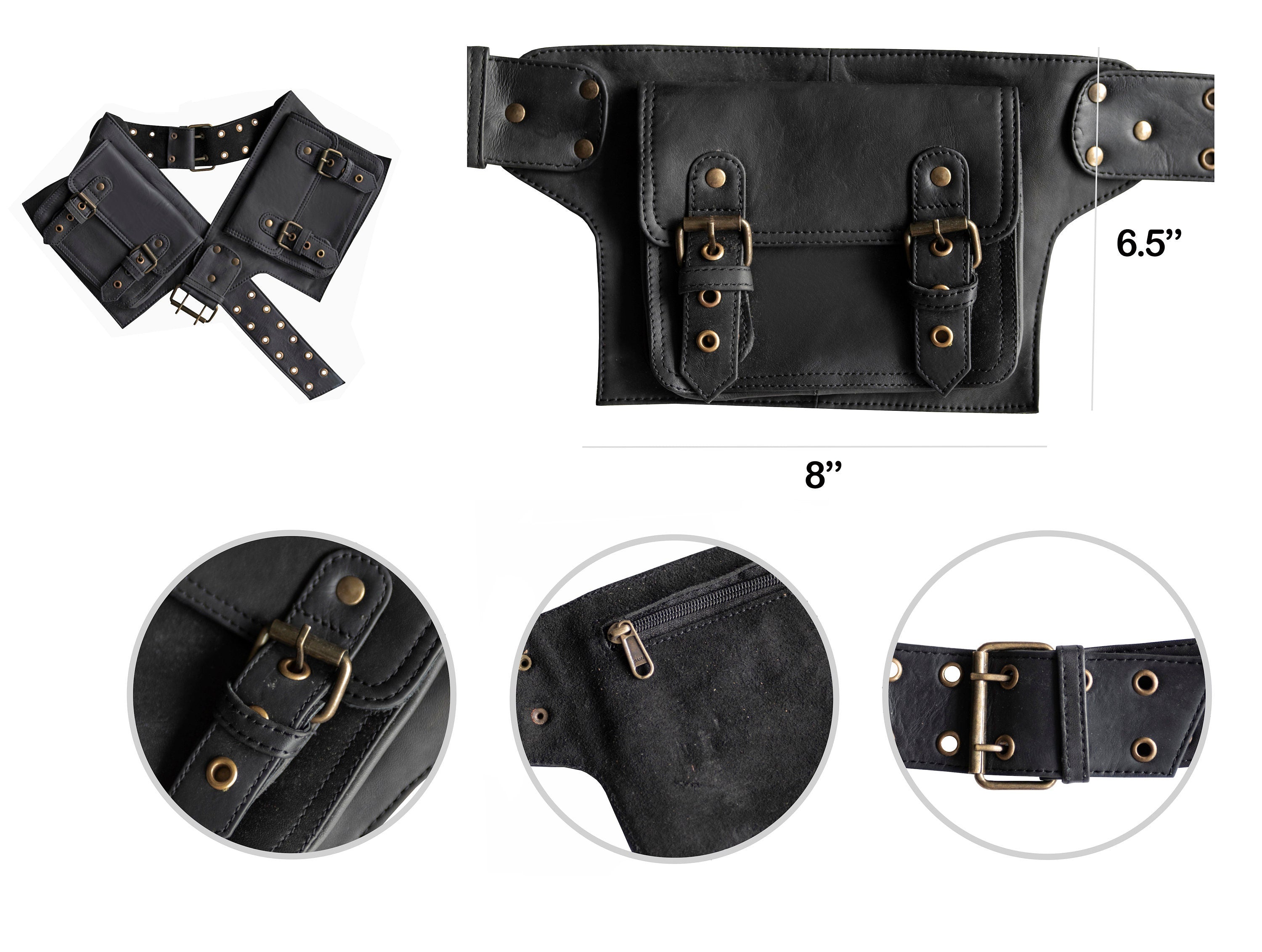 Black Genuine Leather Utility Belt, 4 pocket, Pocket Belt Leather, fanny pack, travel belt, festival, party purse, vendor belt, money belt