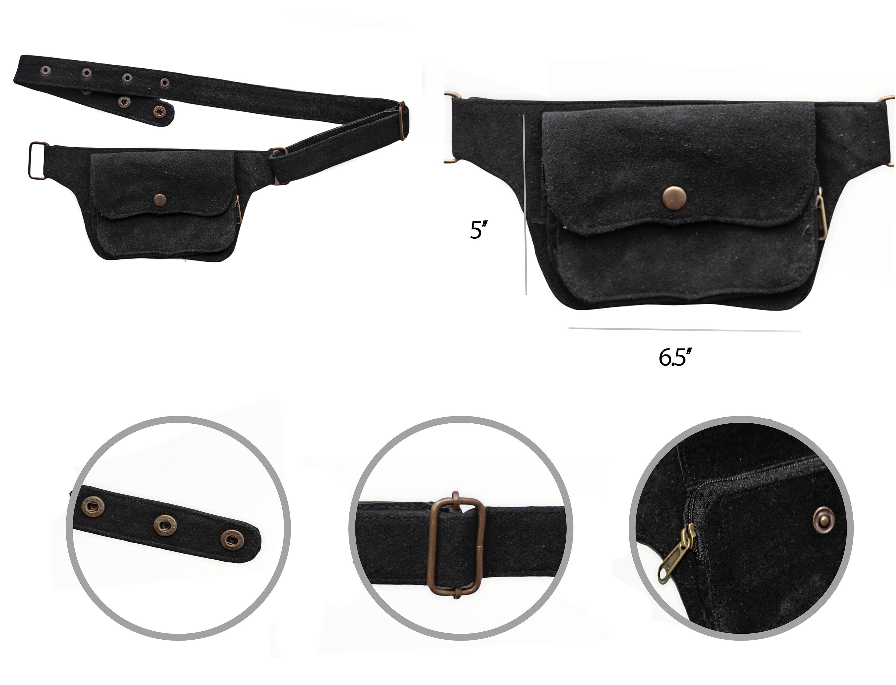 Unisex Leather Utility Belt | Black Suede, 2 Pocket | travel, burning man, festival, hands-free style | flask holder