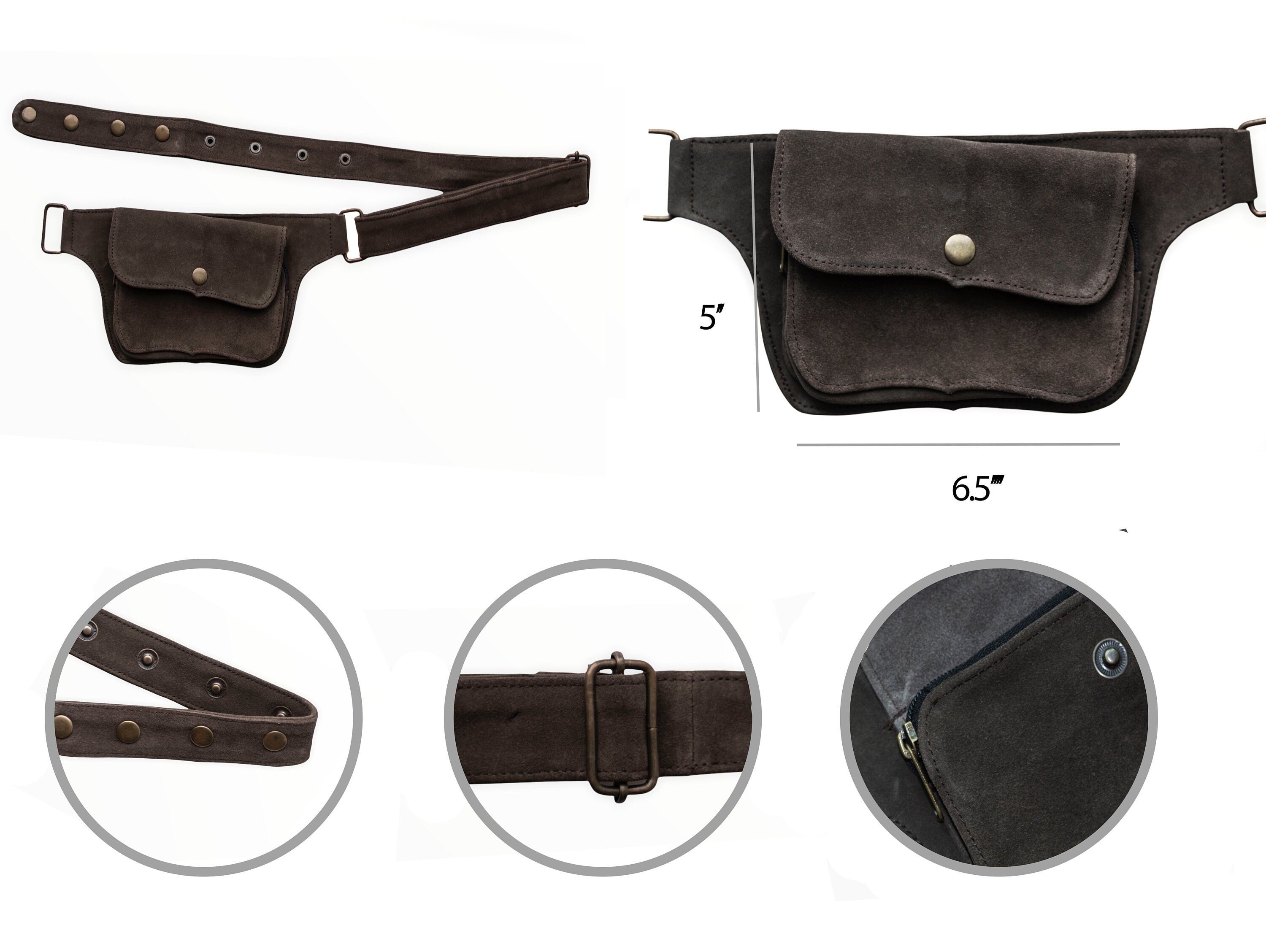 Unisex Leather Utility Belt | Brown Suede, 2 Pocket | travel, burning man, festival, hands-free style | flask holder