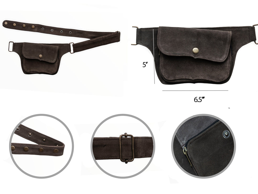 Unisex Leather Utility Belt | Brown Suede, 2 Pocket | travel, burning man, festival, hands-free style | flask holder