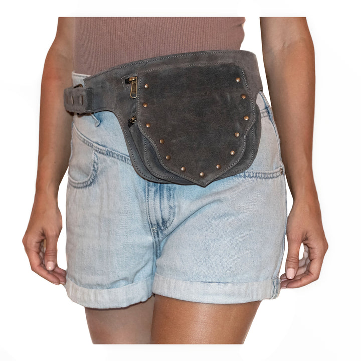 Leather Utility Pocket Belt | Grey Suede | travel belt, fanny pack, vendor belt, festival belt, burning man, ren fair, playa wear, dog