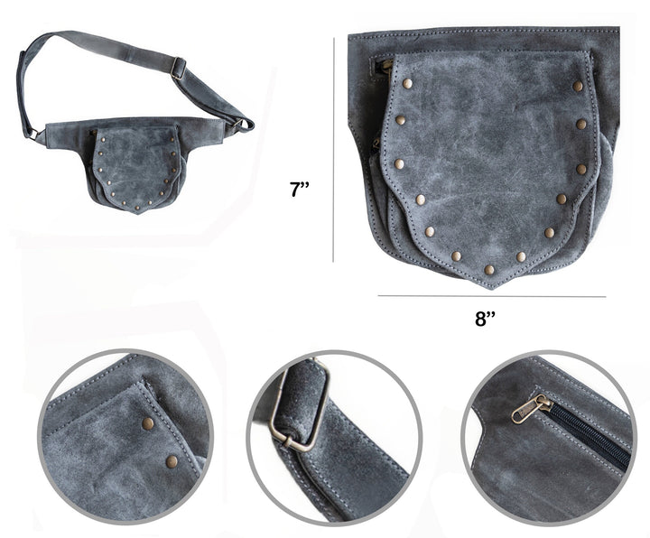 Leather Utility Pocket Belt | Grey Suede | travel belt, fanny pack, vendor belt, festival belt, burning man, ren fair, playa wear, dog