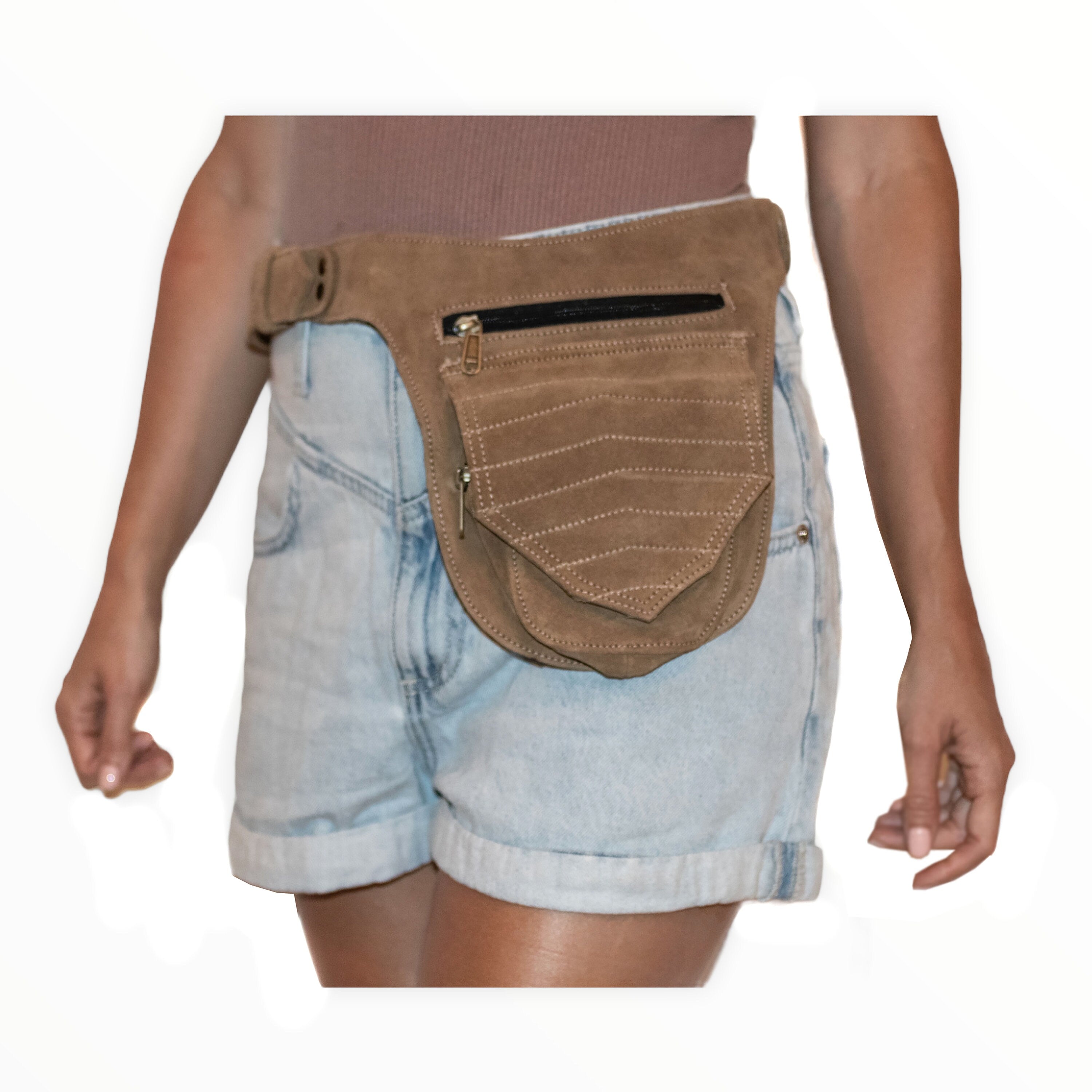 Unisex Leather Festival Pocket Belt | Beige Suede | travel belt, fanny pack, vendor belt, sport belt, burning man, playa, dog walker bag