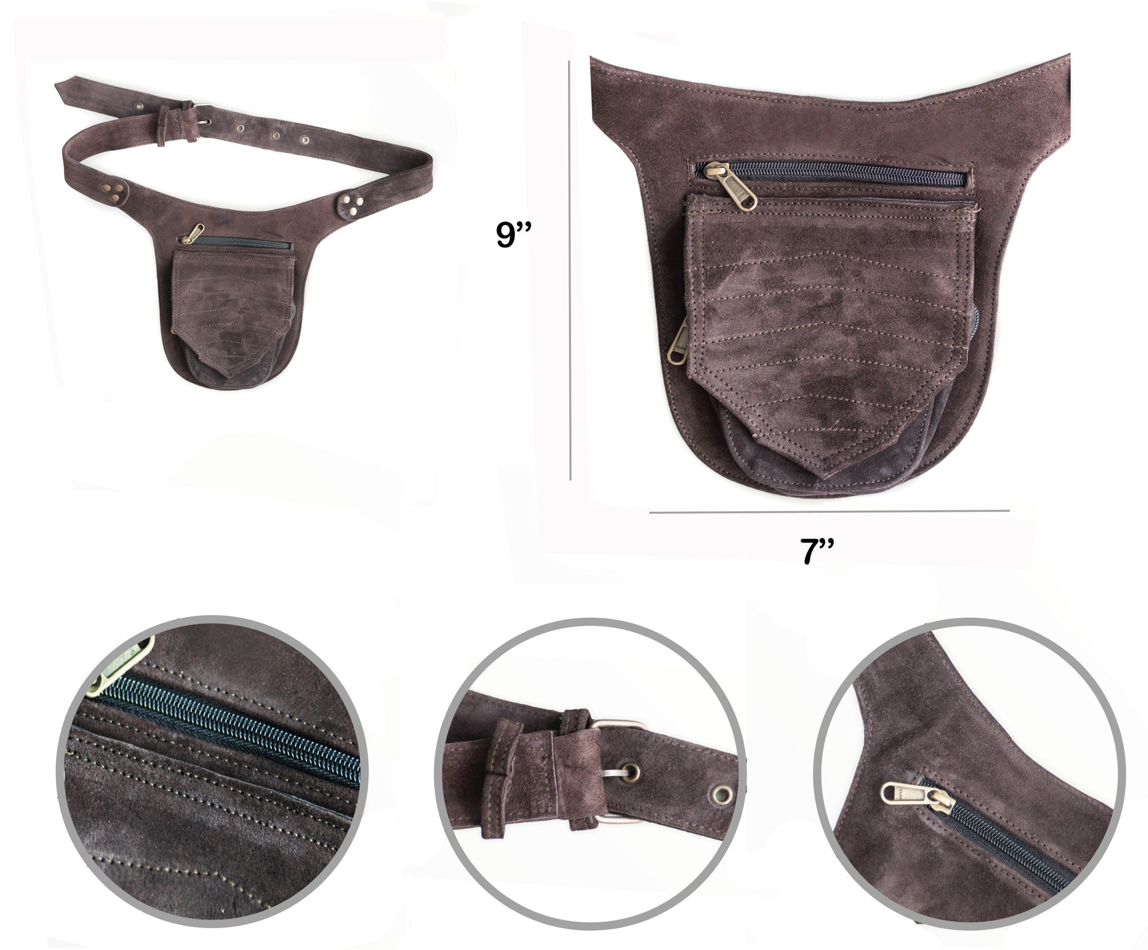 Unisex Leather Festival Pocket Belt | Brown Suede, | travel belt, fanny pack, vendor belt, festival belt, burning man, dog walker bag