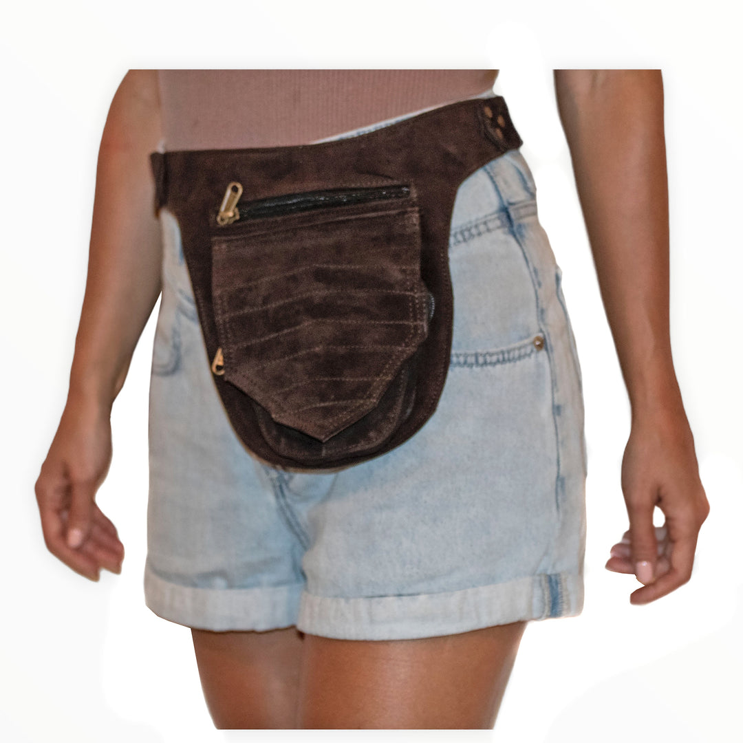 Unisex Leather Festival Pocket Belt | Brown Suede, | travel belt, fanny pack, vendor belt, festival belt, burning man, dog walker bag