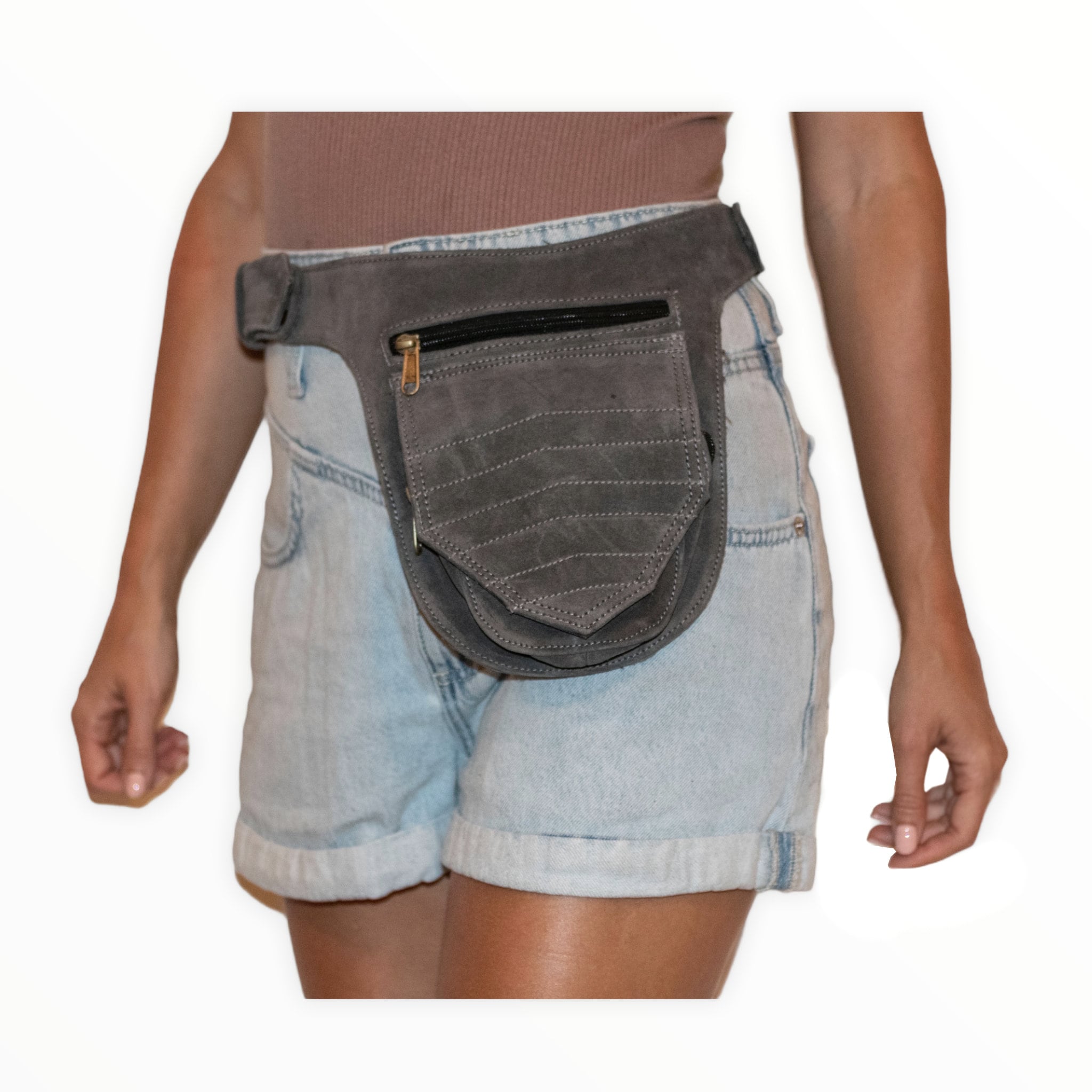 Unisex Leather Festival Pocket Belt | Grey Suede | travel belt, fanny pack, vendor belt, burning man, fair, playa wear, dog walker bag
