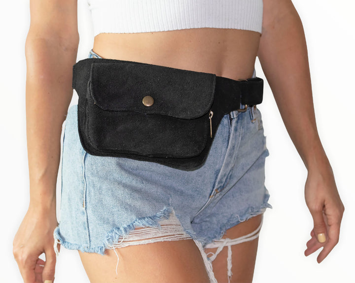 Unisex Leather Utility Belt | Black Suede, 2 Pocket | travel, burning man, festival, hands-free style | flask holder