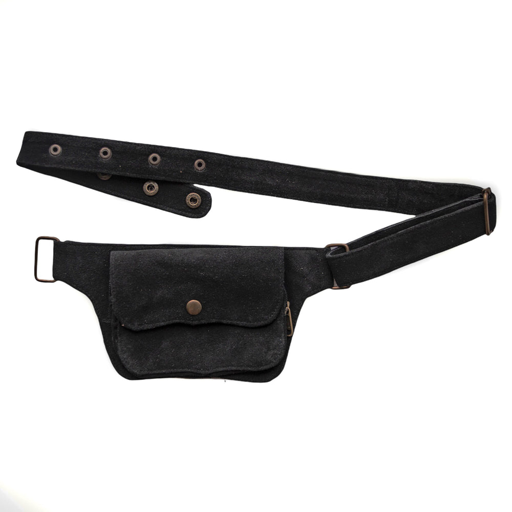 Unisex Leather Utility Belt | Black Suede, 2 Pocket | travel, burning man, festival, hands-free style | flask holder