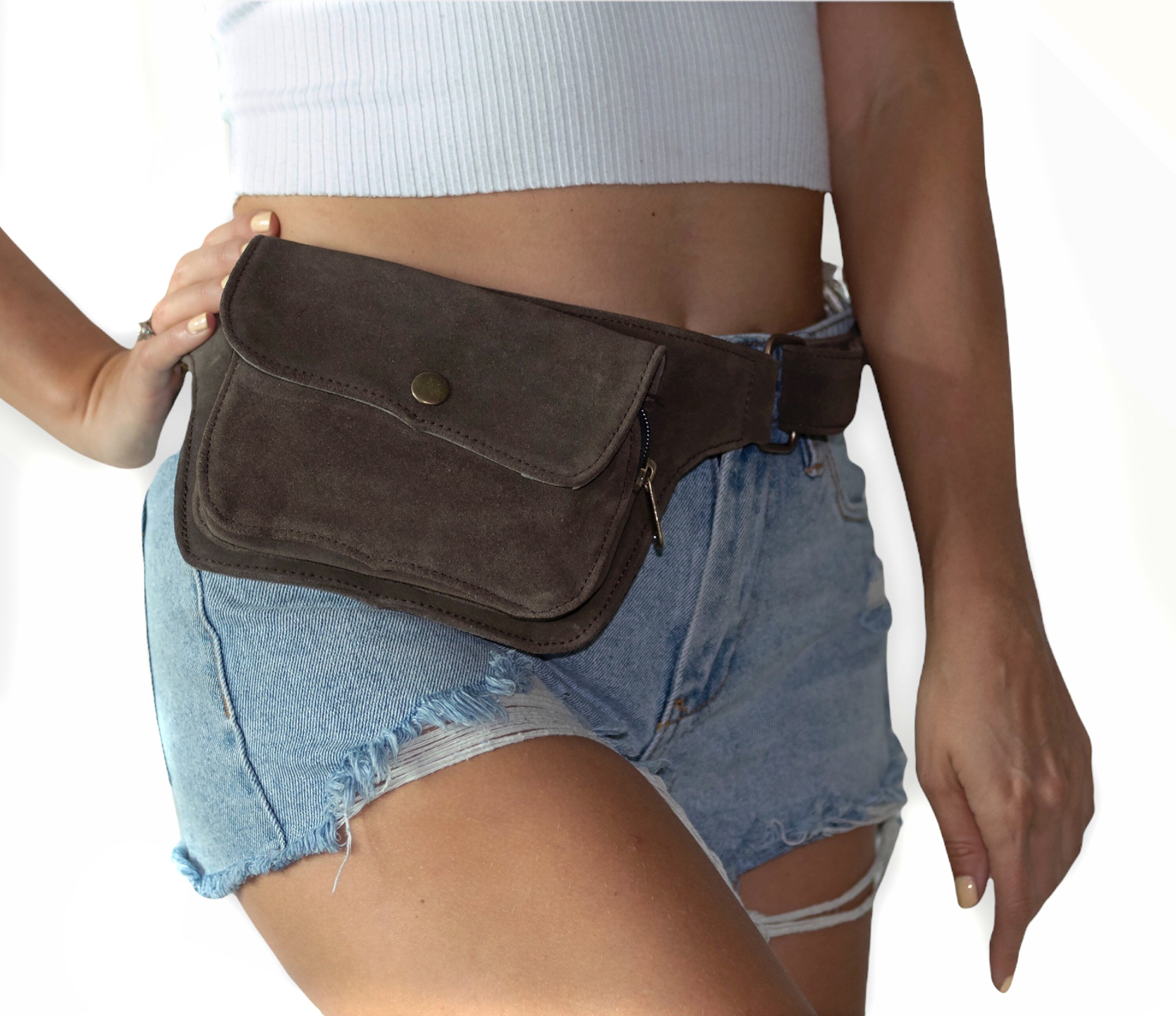 Unisex Leather Utility Belt | Brown Suede, 2 Pocket | travel, burning man, festival, hands-free style | flask holder