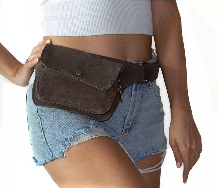 Unisex Leather Utility Belt | Brown Suede, 2 Pocket | travel, burning man, festival, hands-free style | flask holder