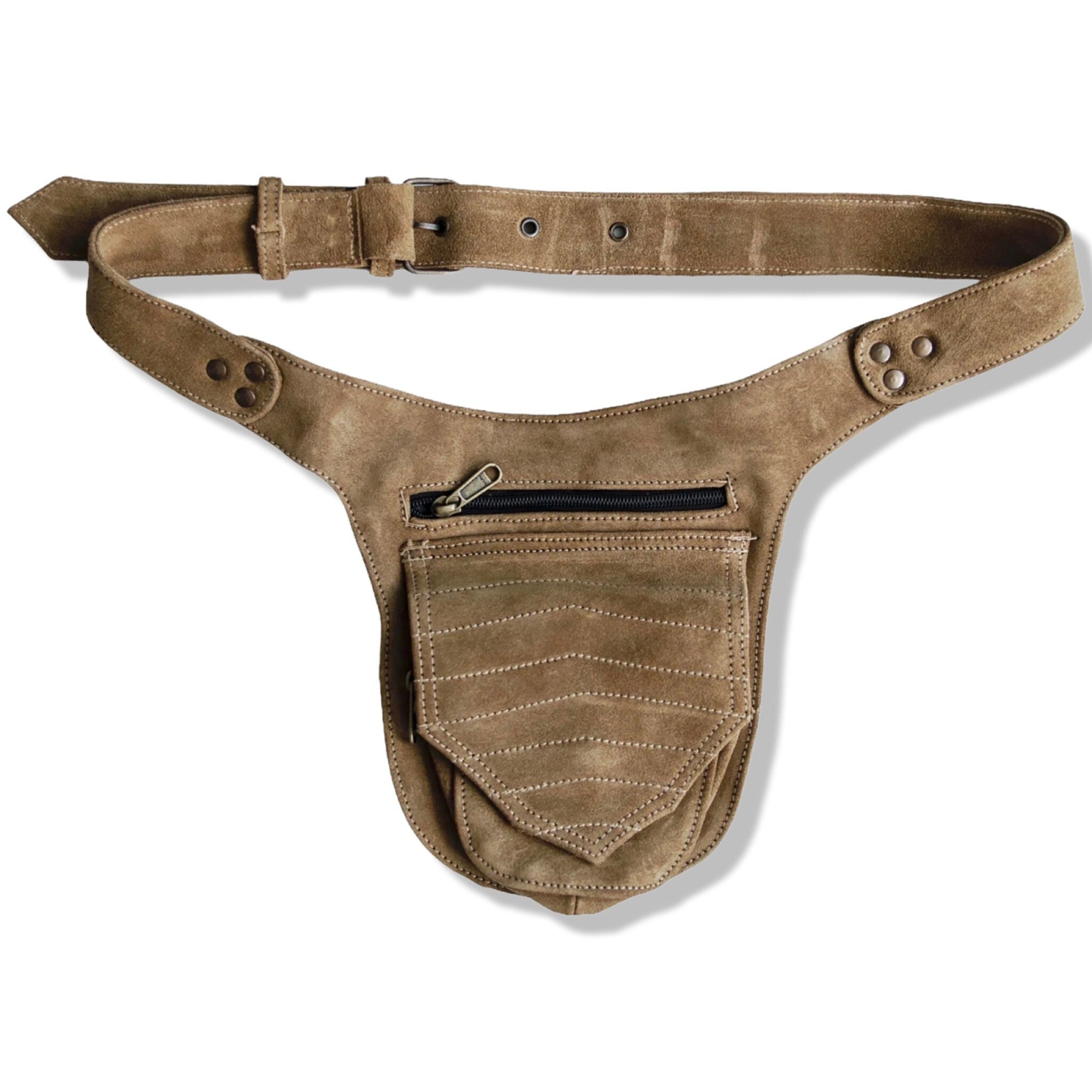 Unisex Leather Festival Pocket Belt | Beige Suede | travel belt, fanny pack, vendor belt, sport belt, burning man, playa, dog walker bag