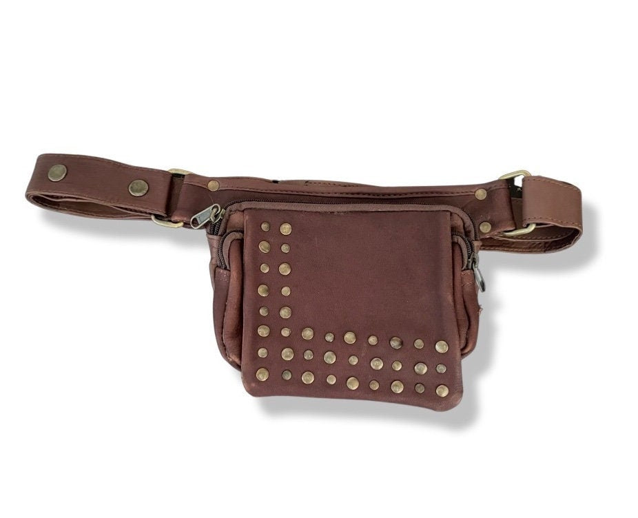 Genuine Leather Utility Pocket Belt | Studded | travel belt, fanny pack, vendor belt, festival belt, burning man, ren fair, dog walker bag