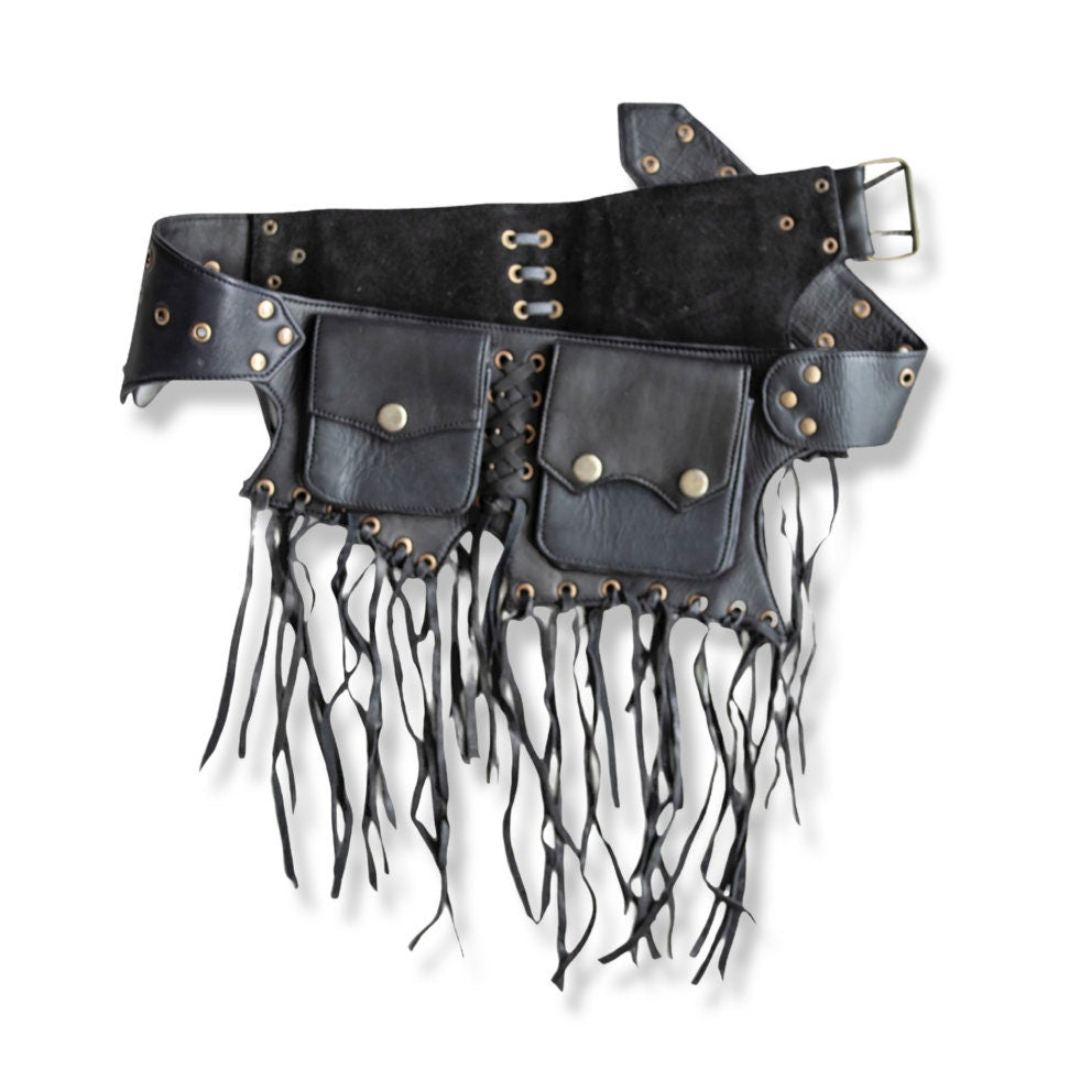 Genuine Leather Utility Belt | Black Tassels, 5 pockets | fanny pack travel belt, festival, party purse, vendor belt, money belt