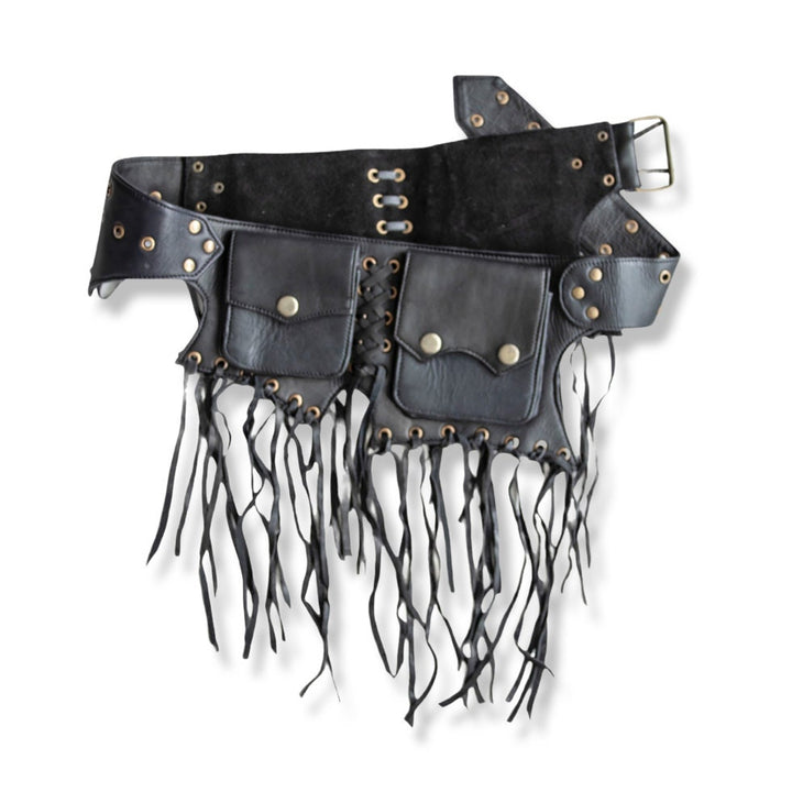 Genuine Leather Utility Belt | Black Tassels, 5 pockets | fanny pack travel belt, festival, party purse, vendor belt, money belt