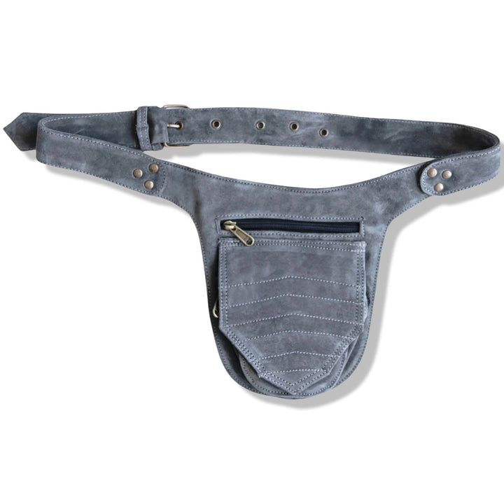 Unisex Leather Festival Pocket Belt | Grey Suede | travel belt, fanny pack, vendor belt, burning man, fair, playa wear, dog walker bag