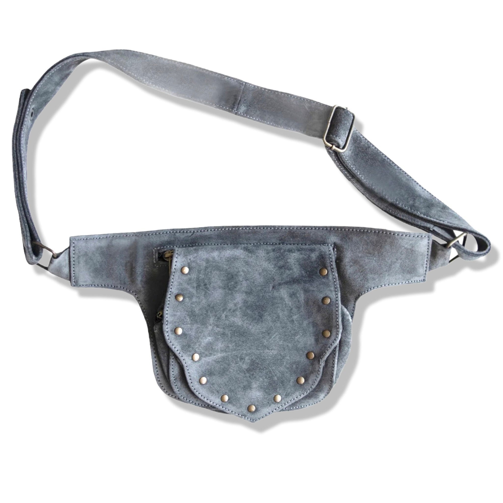 Leather Utility Pocket Belt | Grey Suede | travel belt, fanny pack, vendor belt, festival belt, burning man, ren fair, playa wear, dog