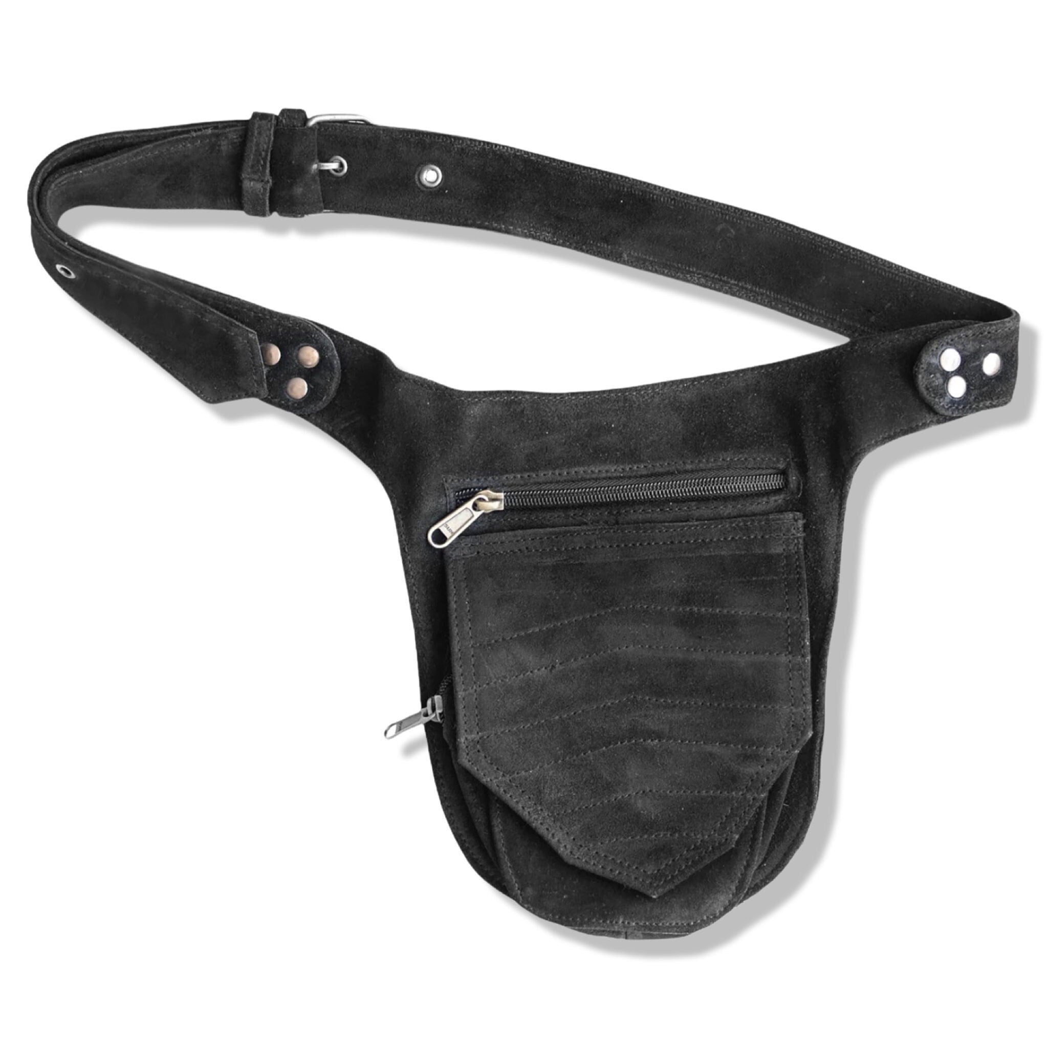 Unisex Leather Festival Pocket Belt | Black Suede | travel belt, fanny pack, vendor belt, sport bag, burning man, playa wear, dog walker bag