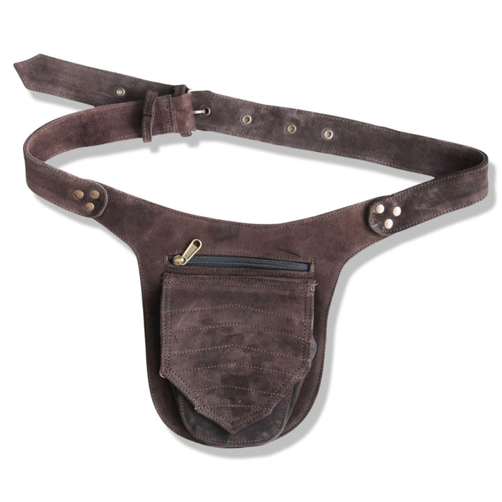 Unisex Leather Festival Pocket Belt | Brown Suede, | travel belt, fanny pack, vendor belt, festival belt, burning man, dog walker bag