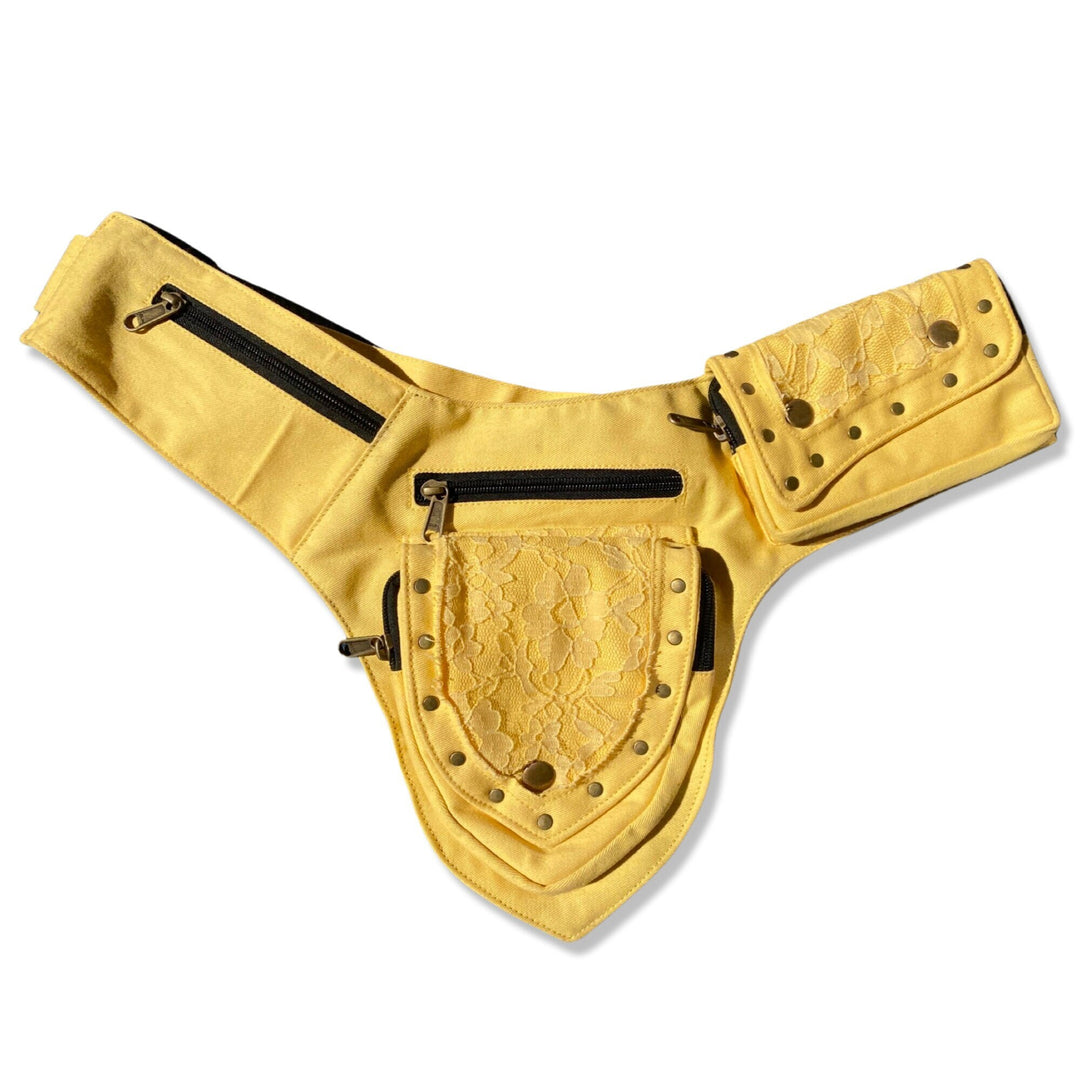 SALE Lace Cotton Pocket Belt | Yellow | travel belt, fanny pack, vendor bag, festival belt, ren fair, playa wear, dog walker bag