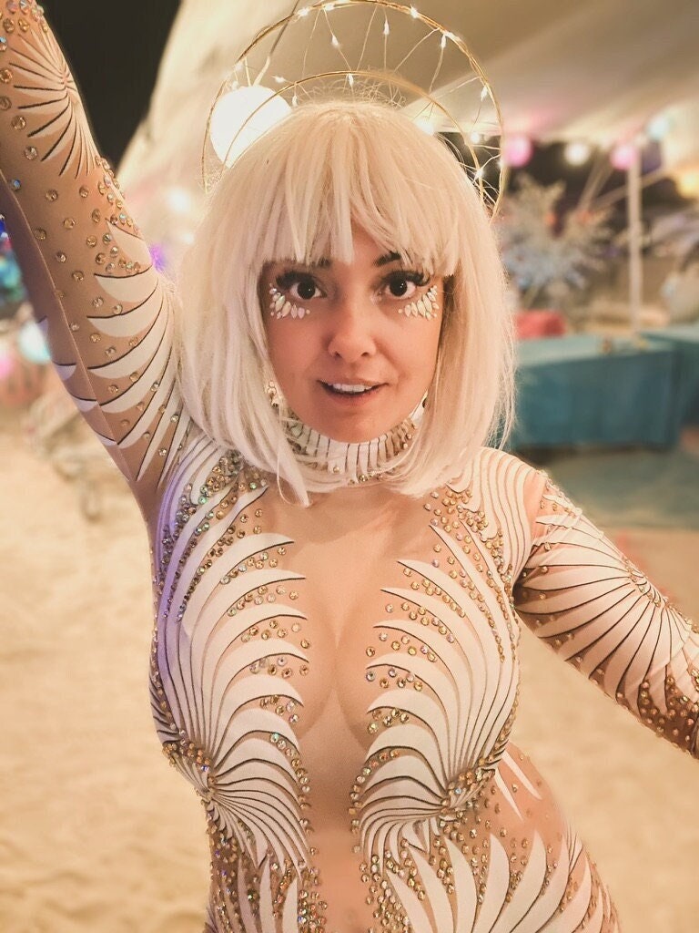 White Angel Rhinestone Bodysuit / Festival Wedding / Diamond Disco Catsuit / Feminine Divine Costume Burning Man Performer Stage Disco Dance