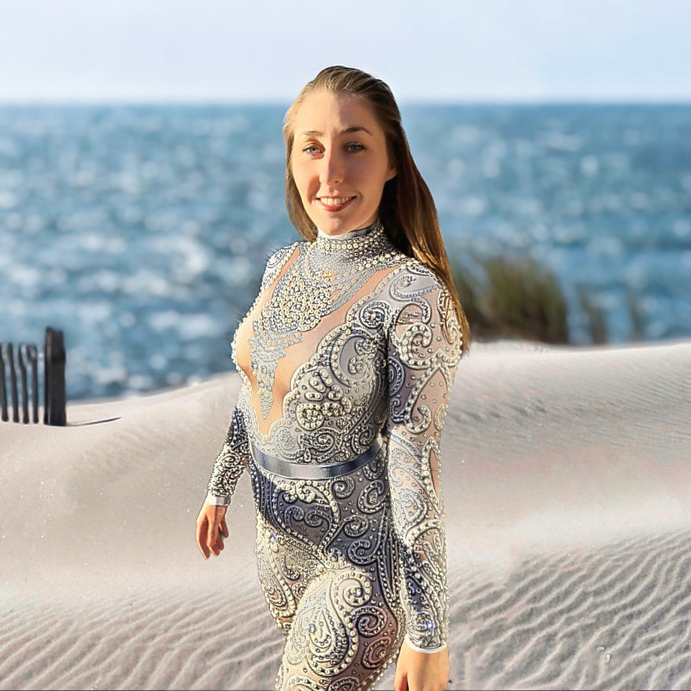 Venus Rhinestone Luxury Bodysuit / Silver Pearl Diamond Jumpsuit / Festival Wedding / Crystal Catsuit / Burning Man Performer NYE Costume