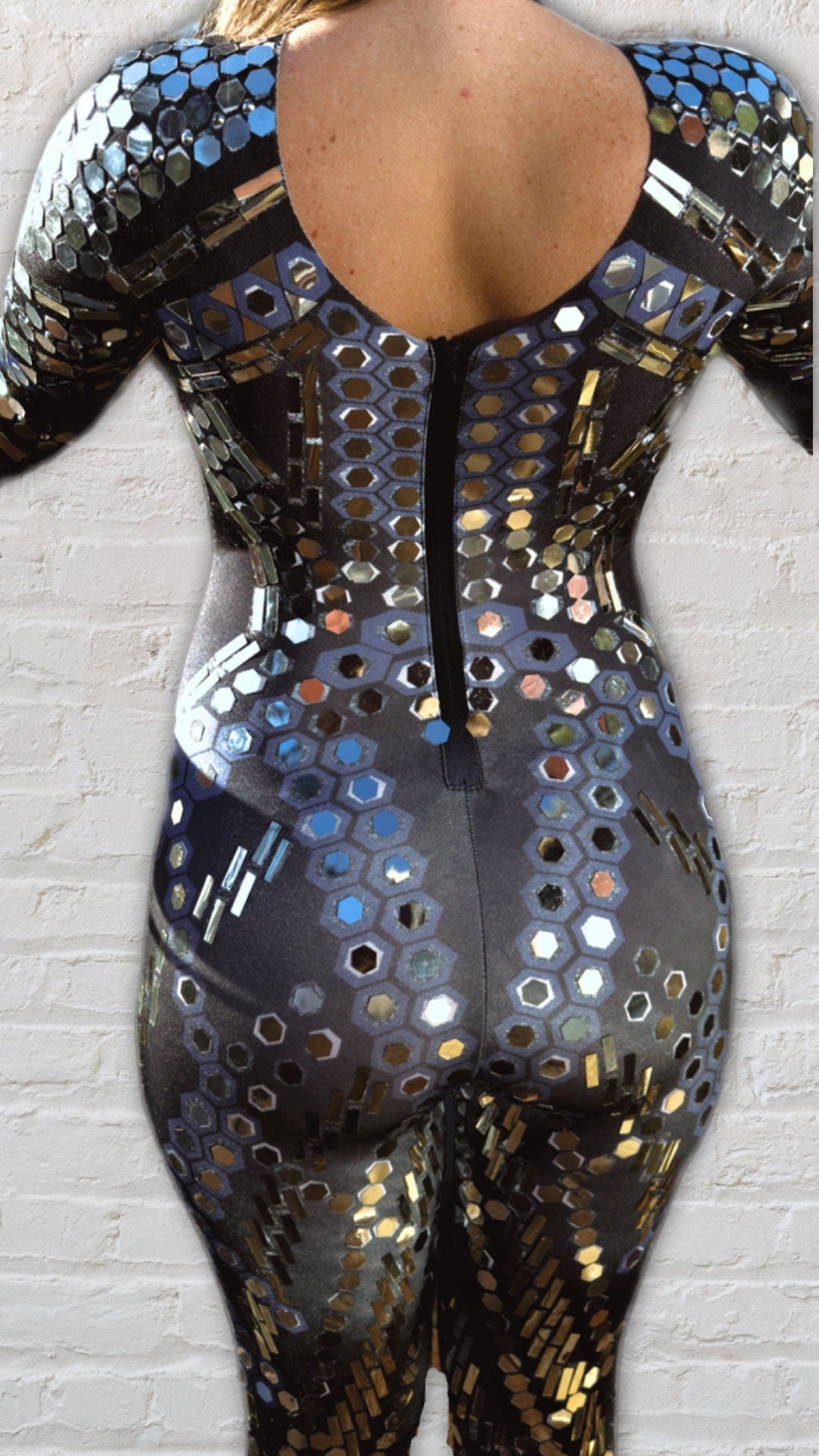 Trinity Reflective Sequins Bodysuit / Black Catsuit Rave / Futuristic Festival / Halloween Catsuit Burning Man Mirror NYE Costume Cyber Punk