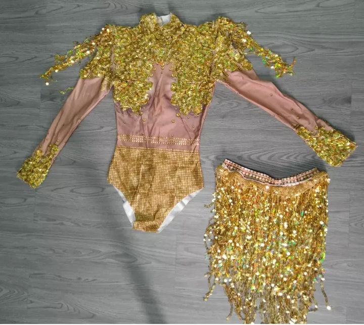 Athena Gold Sequin Leotard and Skirt / Festival Bodysuit / Halloween Party / Tassel Catsuit Burning Man Disco Performer Stage Costume Fringe