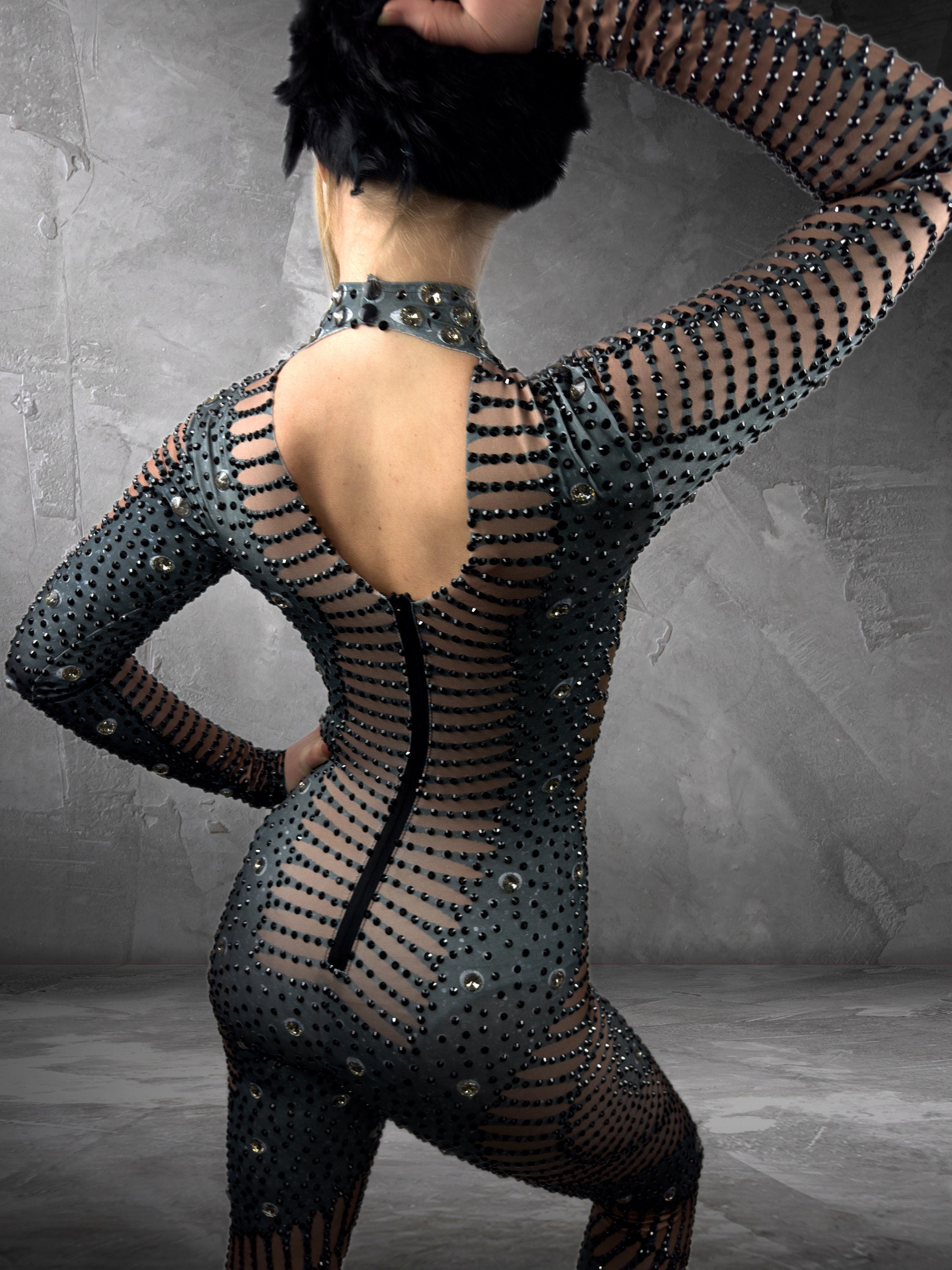 Kira Rhinestone Bodysuit / Black Diamond Party Dress Festival Outfit / Sexy Rave Crystal Catsuit / Burning Man Stage Performer Disco Costume