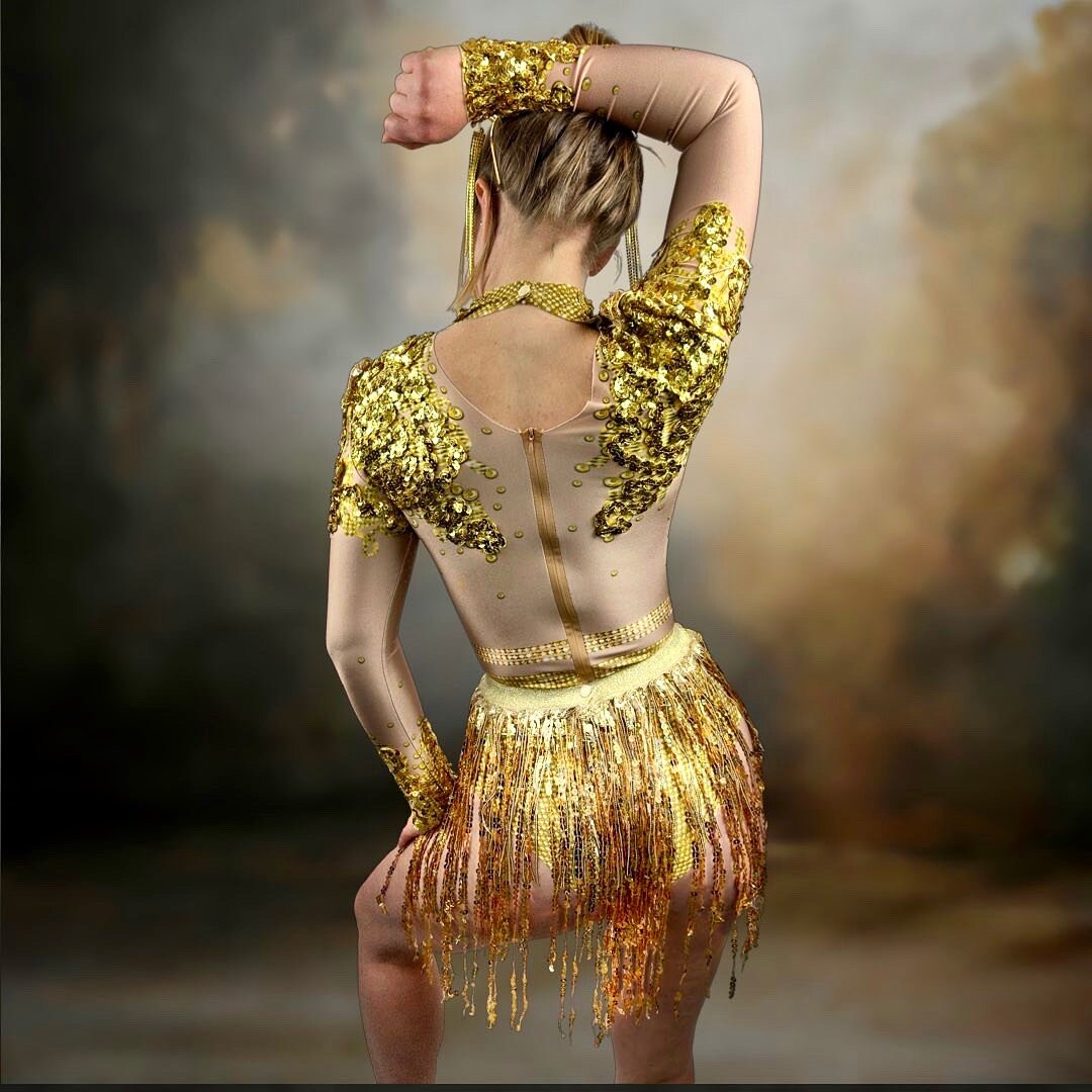 Athena Gold Sequin Leotard and Skirt / Festival Bodysuit / Halloween Party / Tassel Catsuit Burning Man Disco Performer Stage Costume Fringe