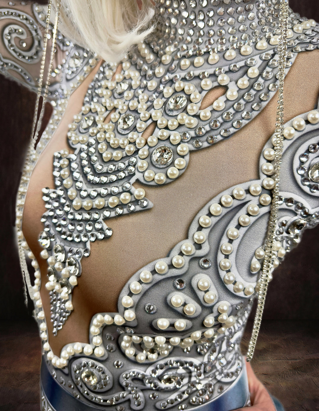 Venus Rhinestone Luxury Bodysuit / Silver Pearl Diamond Jumpsuit / Festival Wedding / Crystal Catsuit / Burning Man Performer NYE Costume