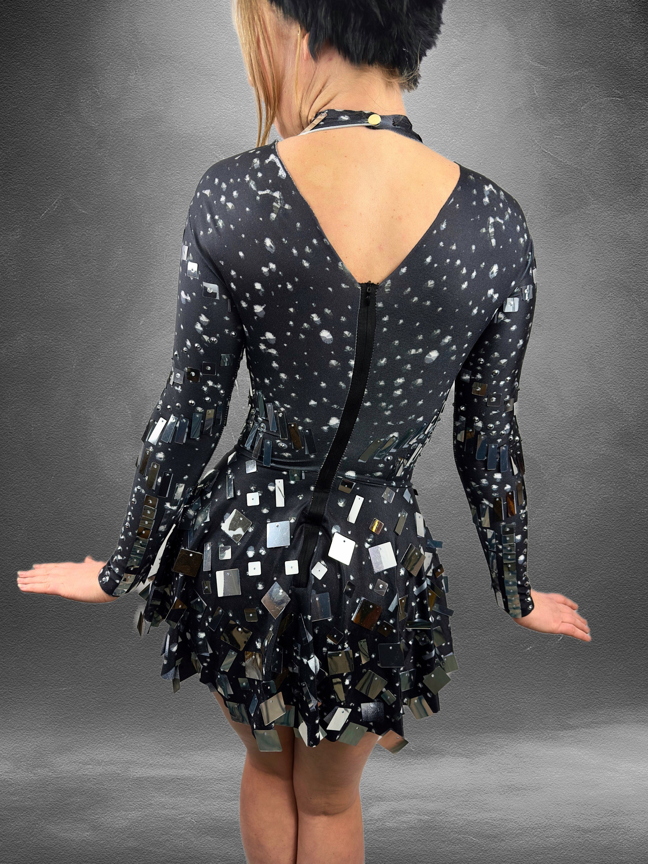 Astraea Silver Mirror Party Dress / Reflective Disco Ball Bodysuit / Sequins Futuristic Mirror Festival Rave Metallic Dance Burning Man NYE