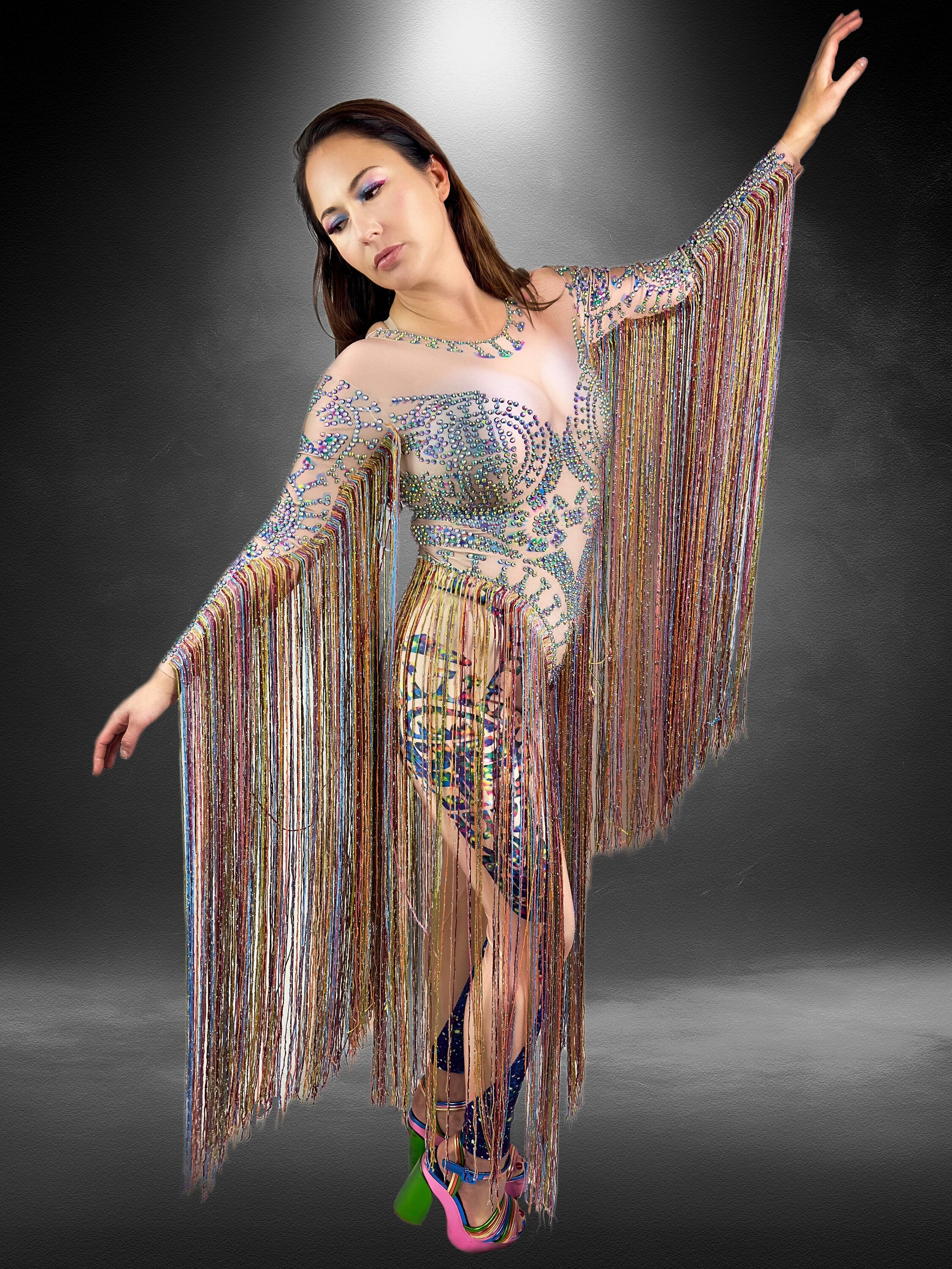 The Elton Rhinestone Bodysuit / Long Tassel Festival Outfit / Party Dress Crystal Catsuit Burning Man Dance Performer Costume Drag Fringe