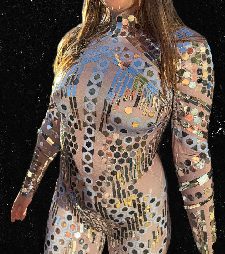 Trinity Reflective Sequins Jumpsuit / Nude Disco Bodysuit / Futuristic Festival Halloween Catsuit Burning Man Mirror NYE Costume Cyber Punk