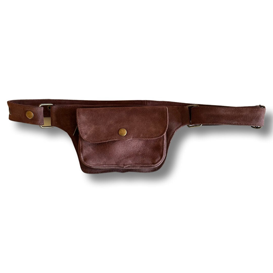 Unisex Leather Utility Belt | Brown Suede, 2 Pocket | travel, burning man, festival, hands-free style | flask holder