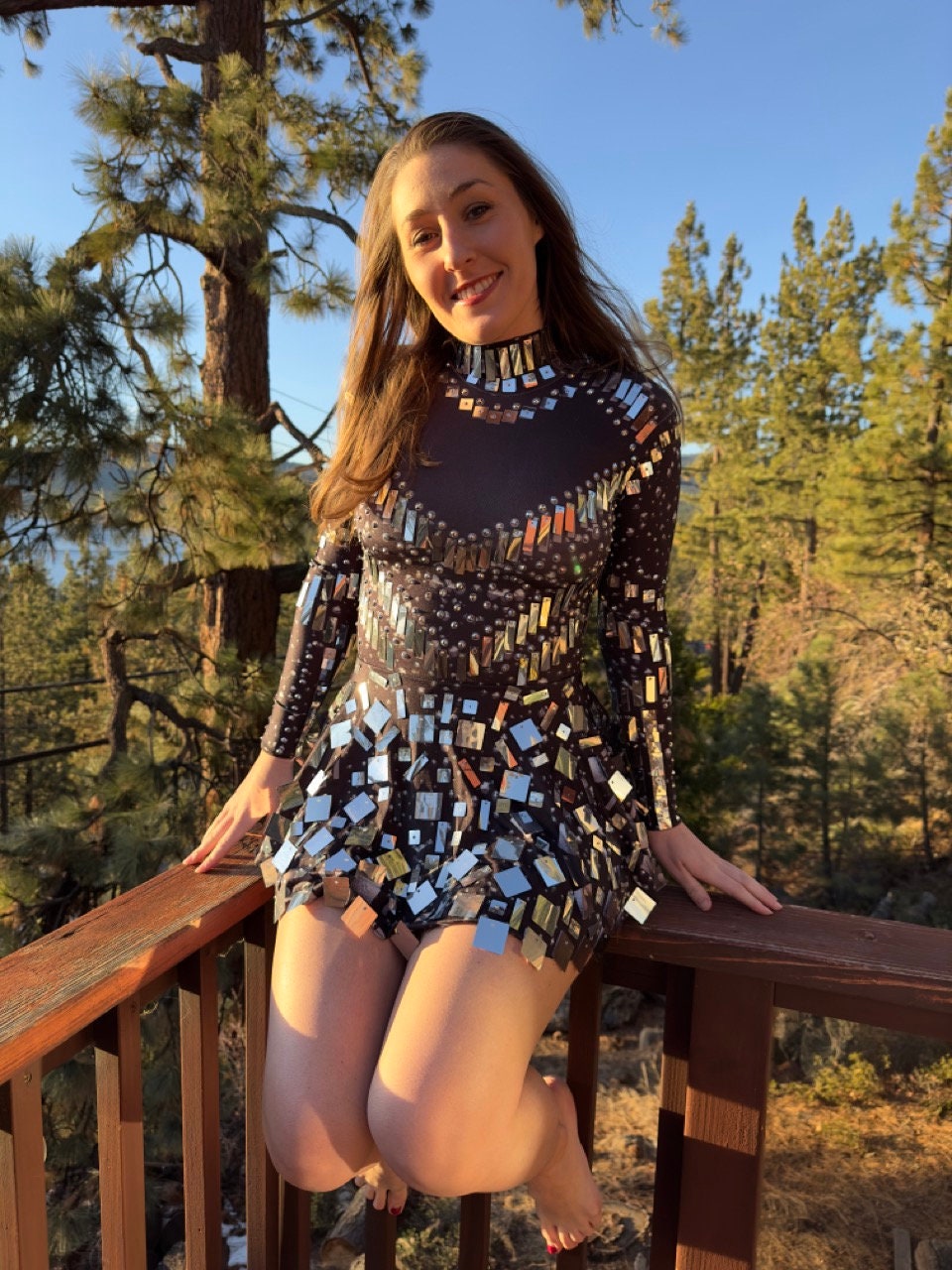 Astraea Silver Mirror Party Dress / Reflective Disco Ball Bodysuit / Sequins Futuristic Mirror Festival Rave Metallic Dance Burning Man NYE