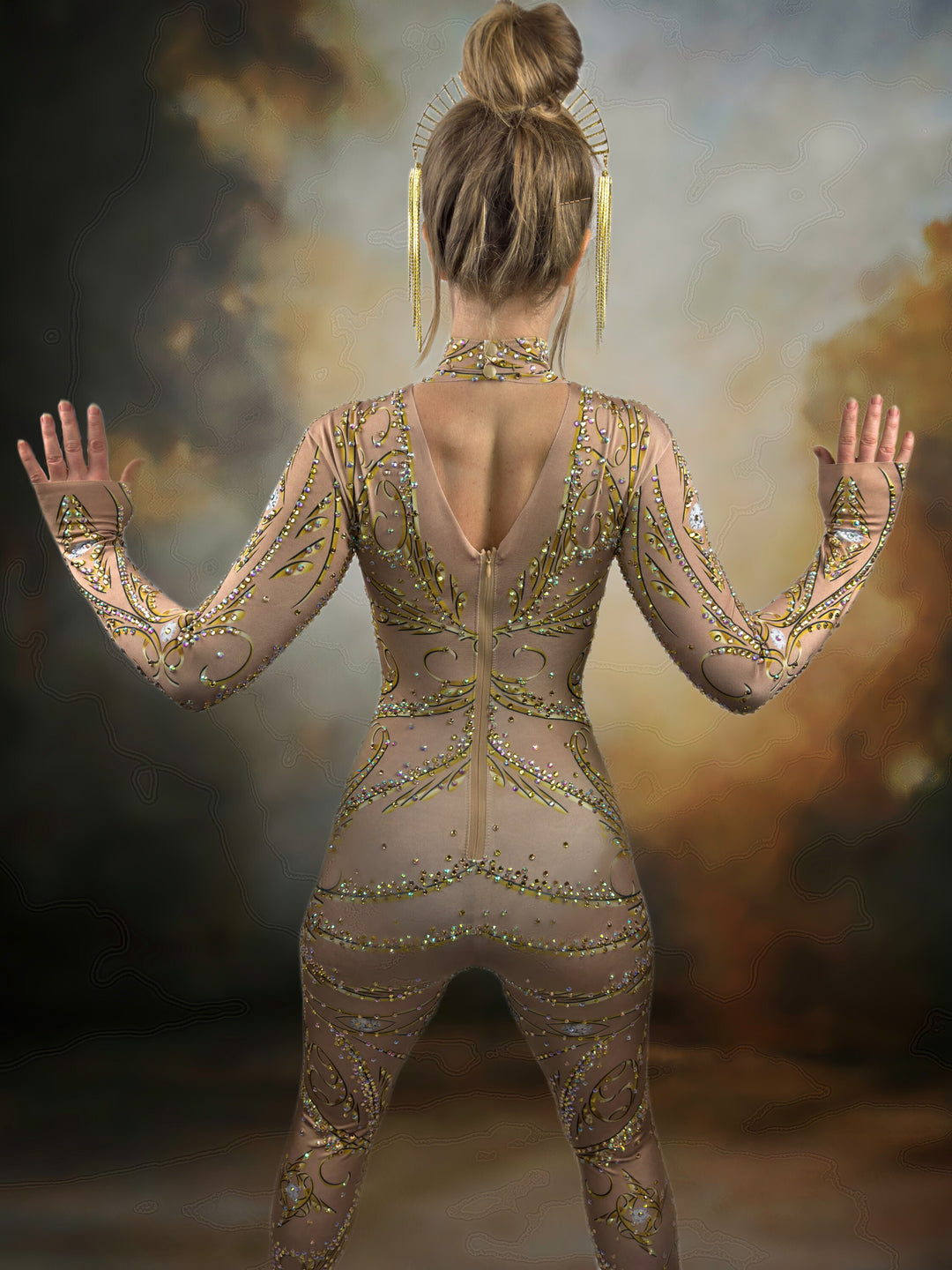 Surya Rhinestone Bodysuit / Gold Party Dress Diamond Crystal Catsuit / Festival Outfit / Desert NYE Tribal Burning Man Performer Disco Dance